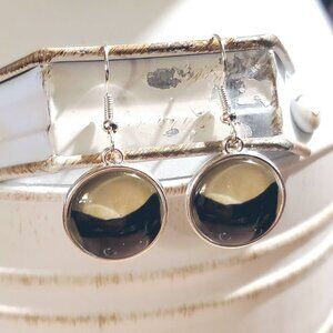 Black Cat Head Ears Moon Silver Plated Glass Cabochon Kitty Kitten Earrings